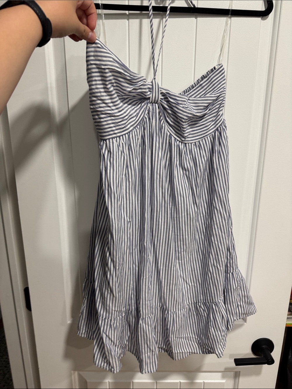 5/$25 White & Blue striped Rayon dress with Clean Minimal Look